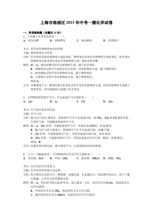 上海市杨浦区 中考化学一模试卷(解析版)