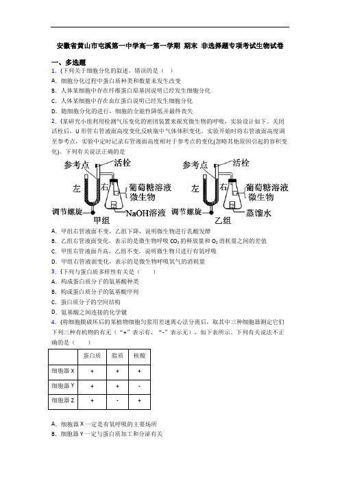 安徽省黄山市屯溪第一中学高一第一学期 期末 非选择题专项考试生物试卷