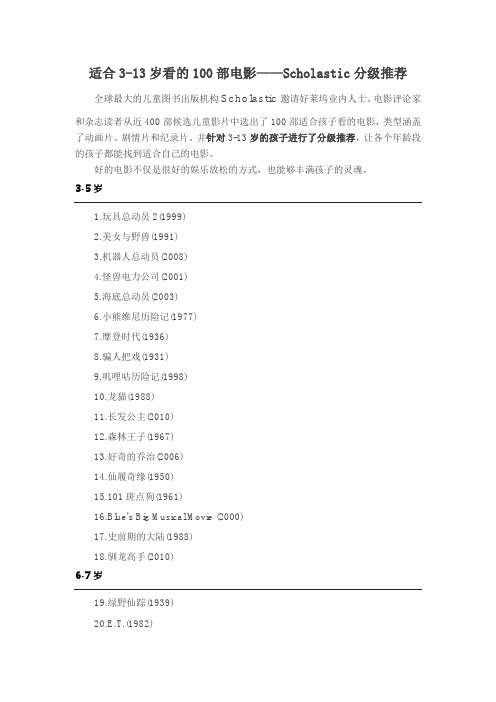 适合3-13岁看的100部电影——Scholastic分级推荐