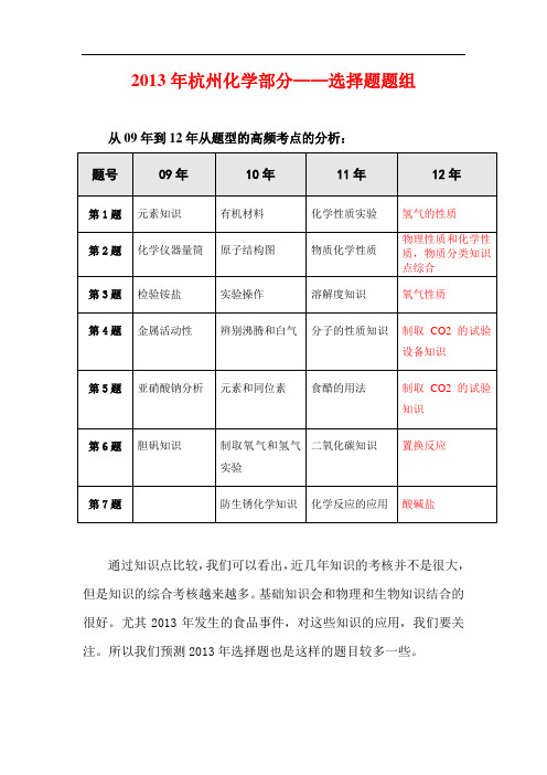 2013年杭州中考化学部分选择题组一