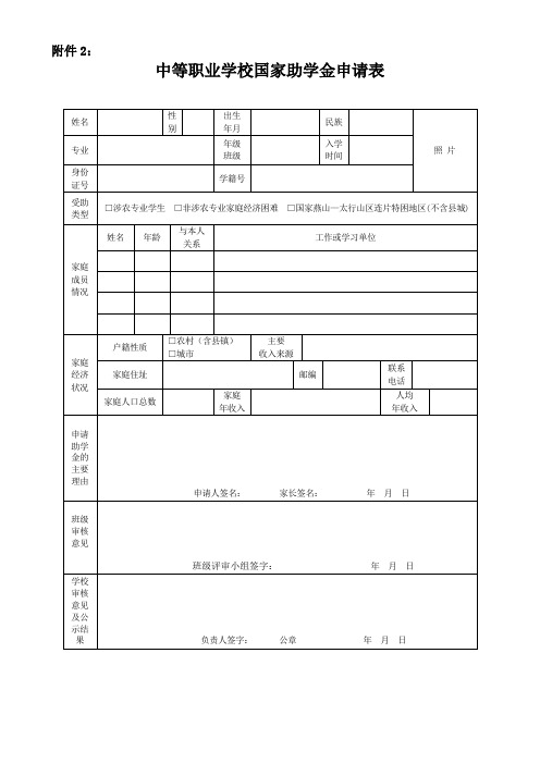 中等职业学校国家助学金申请表