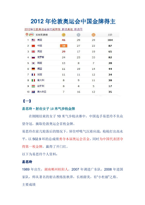 2012年伦敦奥运会中国金牌得主