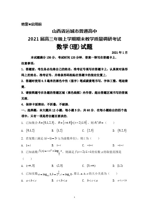 2021年1月山西省运城市普通高中2021届高三年级上学期期末调研考试数学(理)试题