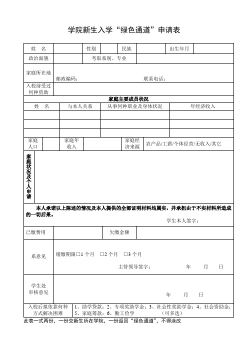 学院新生入学“绿色通道”申请表