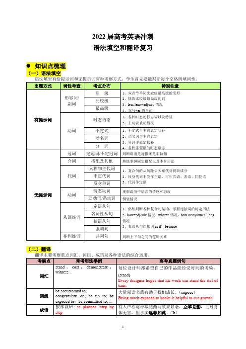 2022届上海高三英语高考英语冲刺：语法填空和翻译复习讲义