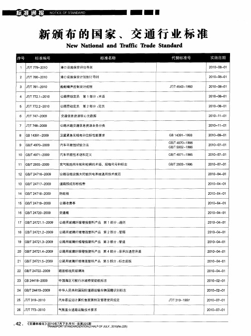 新颁布的国家、交通行业标准