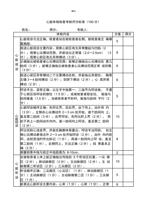 心脏体格检查考核评分标准