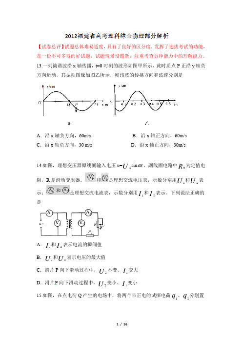 2012年高考福建理综试卷物理部分