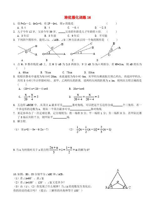 七年级数学上册 培优强化训练16 新人教版