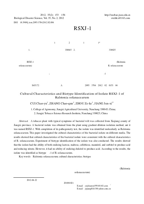 烟草青枯病菌分离株rsxj-1的培养性状及其生物型鉴定