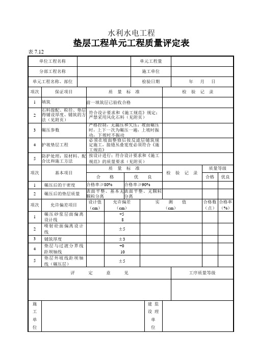 (表7.12)垫层工程单元工程质量评定表