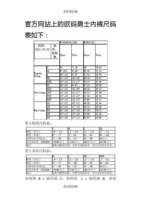 内裤尺码对照表-内裤尺寸参照表之欧阳数创编