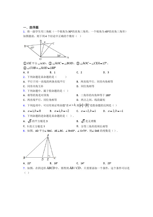 (必考题)初中数学八年级数学上册第七单元《平行线的证明》检测卷(含答案解析)