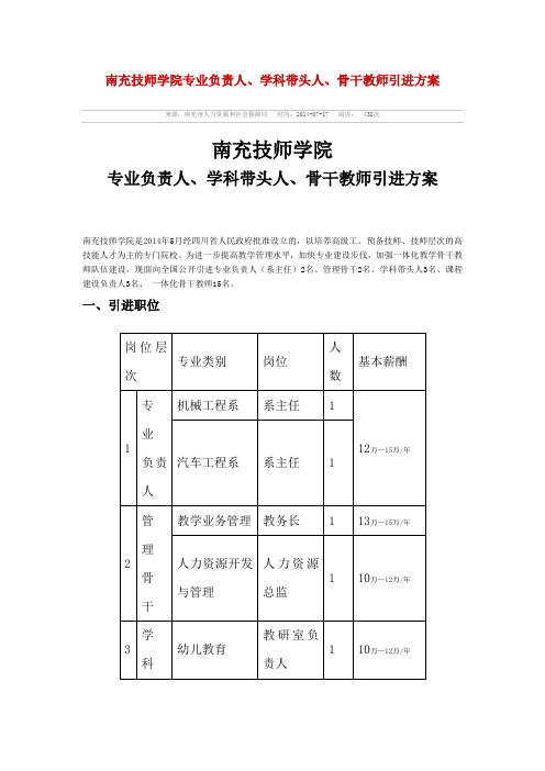 南充技师学院专业负责人、学科带头人、骨干教师引进方案