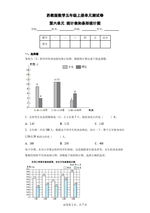 苏教版数学五年级上册单元测试卷-第六单元 统计表和条形统计图(含答案)   