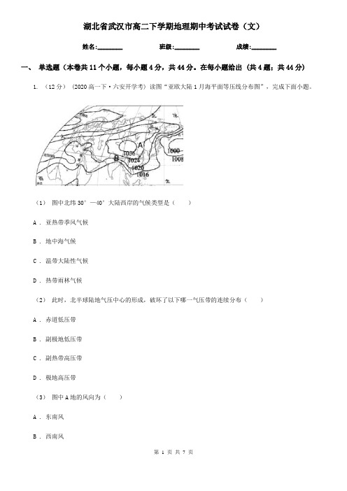 湖北省武汉市高二下学期地理期中考试试卷(文)