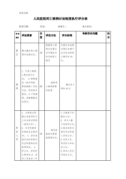 死亡病例讨论制度执行评分表