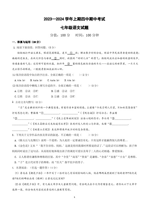 河南省郑州经济技术开发区重点中学2023-2024七年级上学期期中考试语文试卷(含答案)