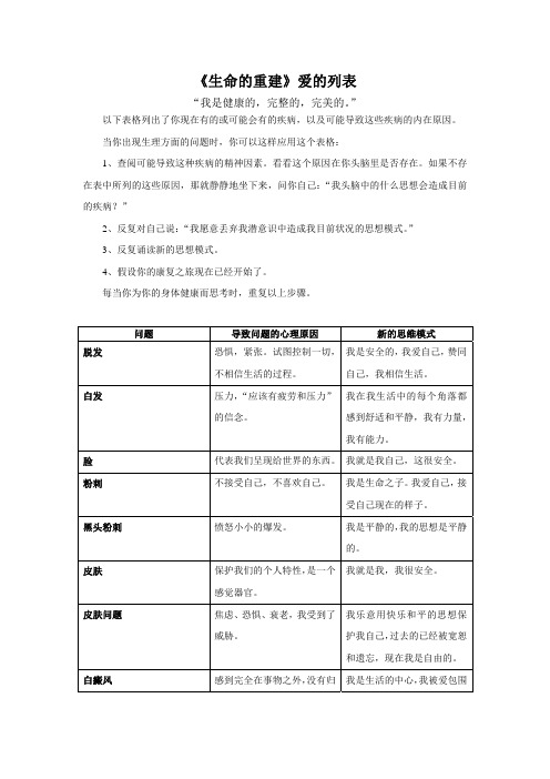 《生命的重建》爱的列表