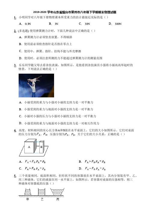 2019-2020学年山东省烟台市莱州市八年级下学期期末物理试题