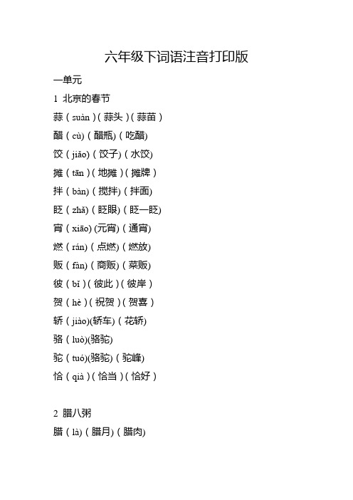 六年级下词语注音打印版