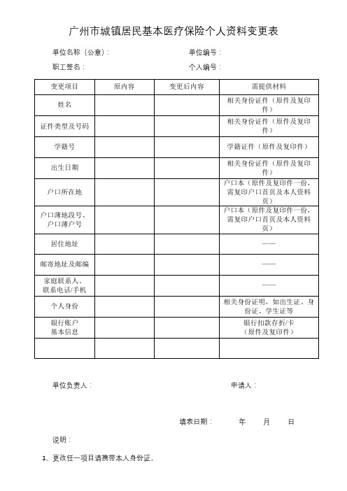 广州市城镇居民基本医疗保险个人资料变更表【模板】