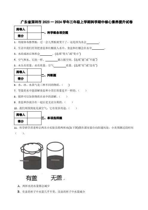 广东省深圳市2023一2024学年三年级上学期科学期中核心素养提升试卷