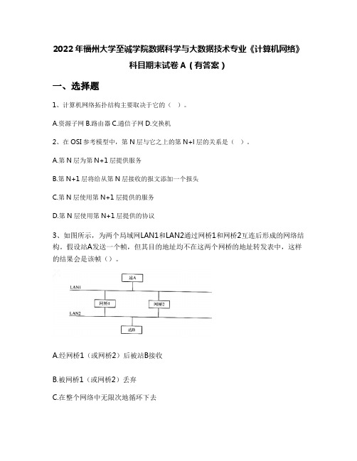 2022年福州大学至诚学院数据科学与大数据技术专业《计算机网络》科目期末试卷A(有答案)