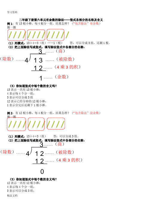 最新二级下册第六单元有余数的除法----竖式各部分的名称及含义知识讲解