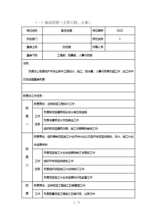 房地产公司副总经理(主管工程项目、人事)岗位说明书