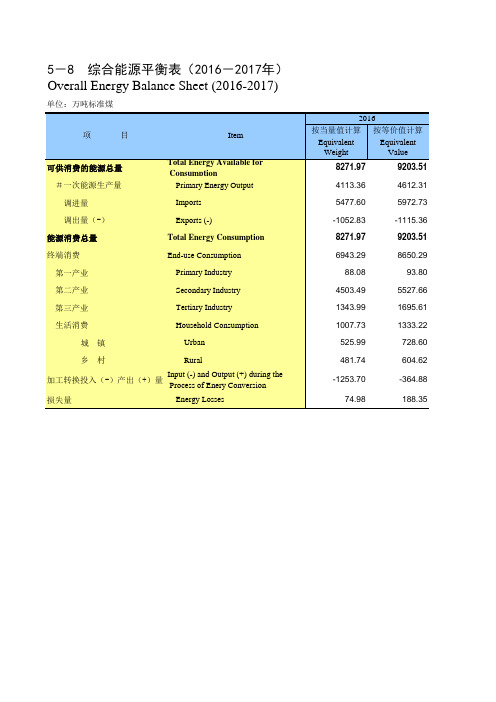 重庆统计年鉴社会经济发展指标：综合能源平衡表(2016-2017年)