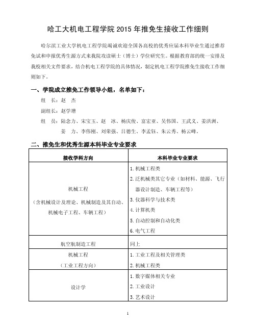 哈工大机电学院2015推免生接收工作细则