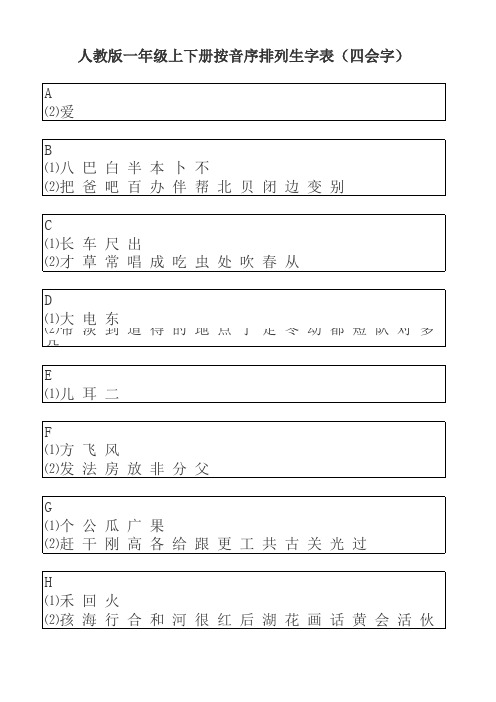 人教版一年级上下册四会字(按拼音排序)