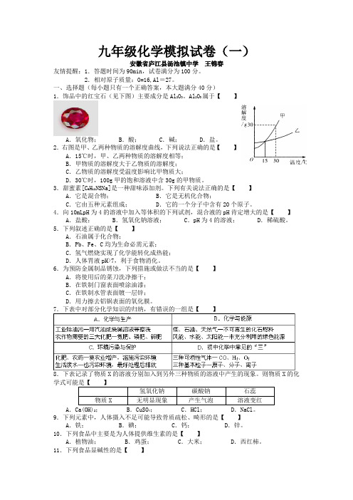 九年级化学模拟试卷(一)