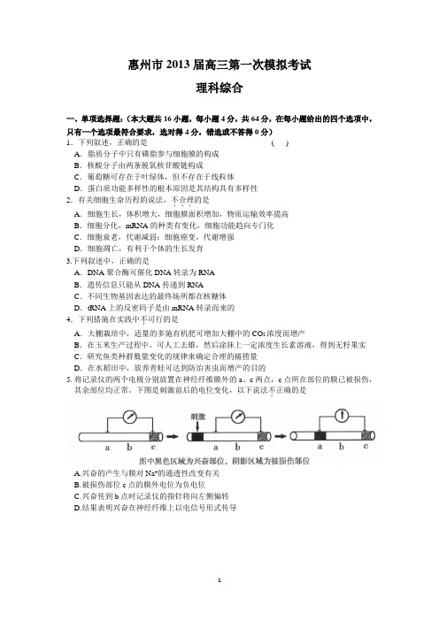 (理综)惠州市2013届高三第一次模拟考试