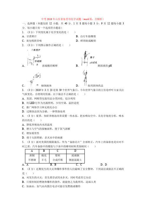 中考2019年山东省东营市化学试题(word版,含解析)