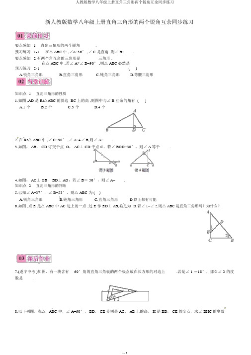 人教版数学八年级上册直角三角形两个锐角互余同步练习