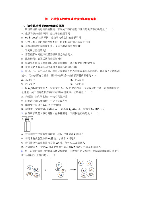 初三化学常见的酸和碱易错训练题含答案