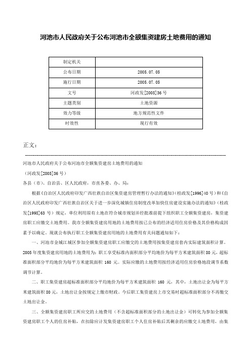 河池市人民政府关于公布河池市全额集资建房土地费用的通知-河政发[2005]36号