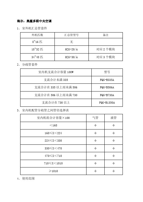 各厂家多联机分歧管及管径选择标准