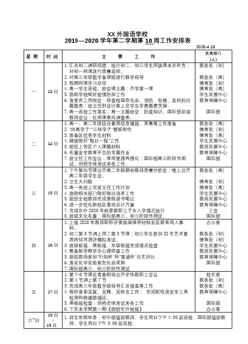 外国语学校2019—2020学年第二学期第10周工作安排表【模板】