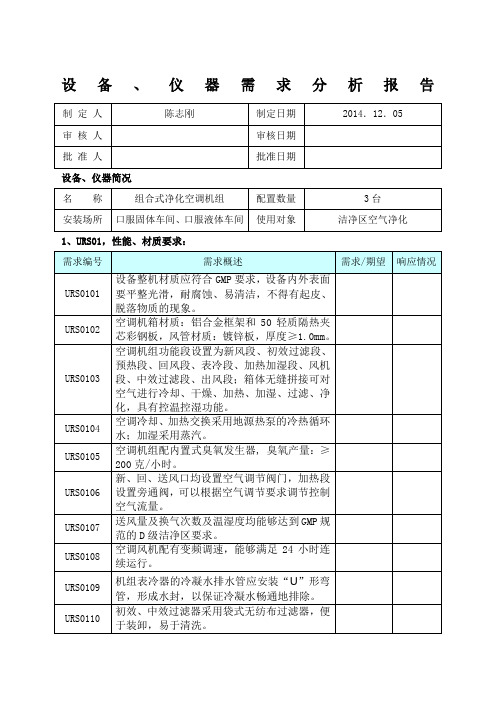 净化空调机组需求分析报告URS