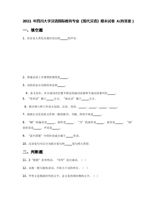 2021年四川大学汉语国际教育专业《现代汉语》期末试卷A(有答案)