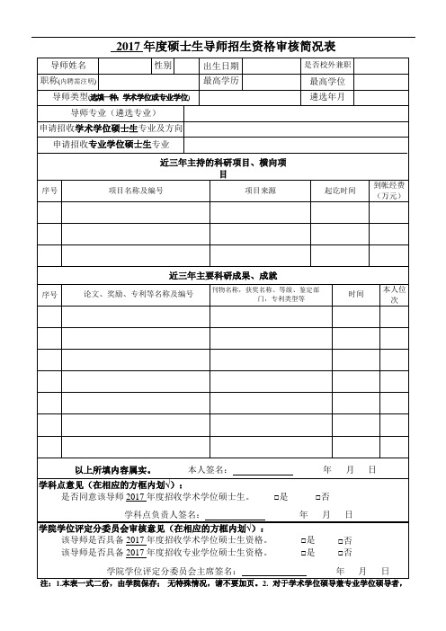 2017硕士生导师招生资格审核简况表