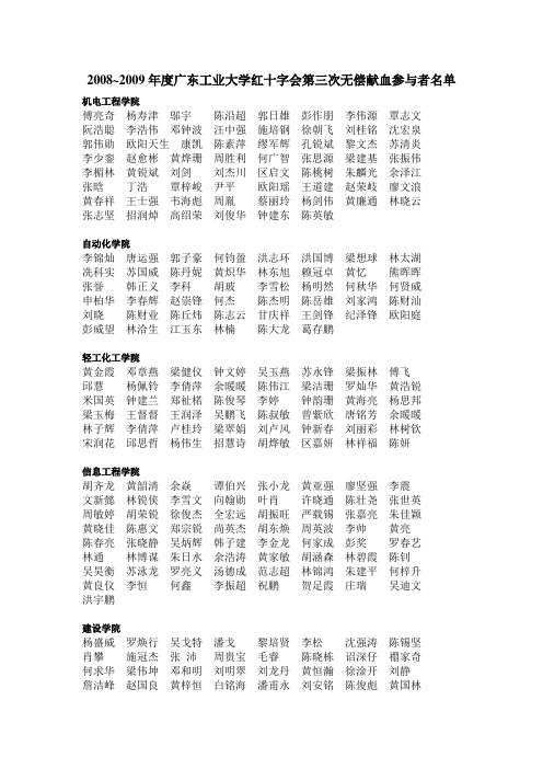 2008~2009年度广东工业大学红十字会第三次无偿献血参与...