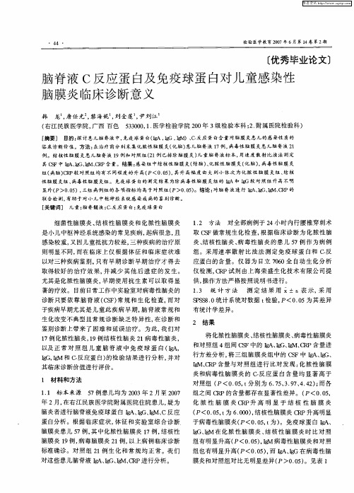 脑脊液C反应蛋白及免疫球蛋白对儿童感染性脑膜炎临床诊断意义