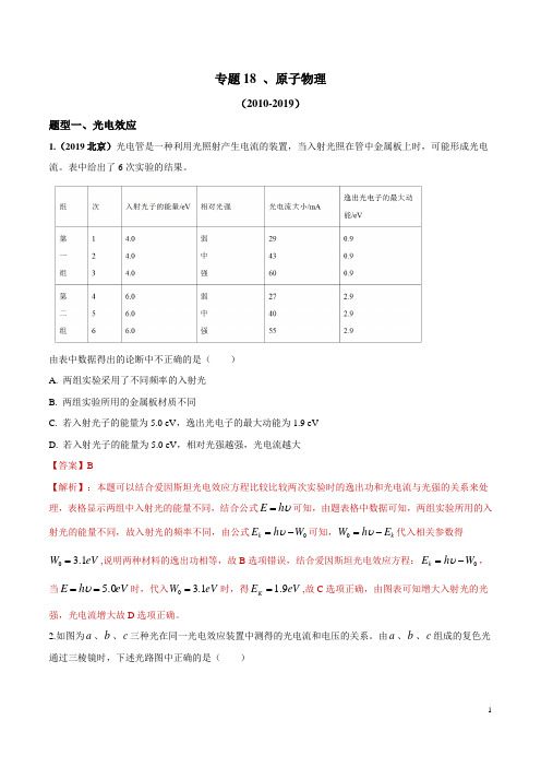 十年高考(2010-2019年)之高三物理真题精选分类汇编专题18-原子物理(解析版)