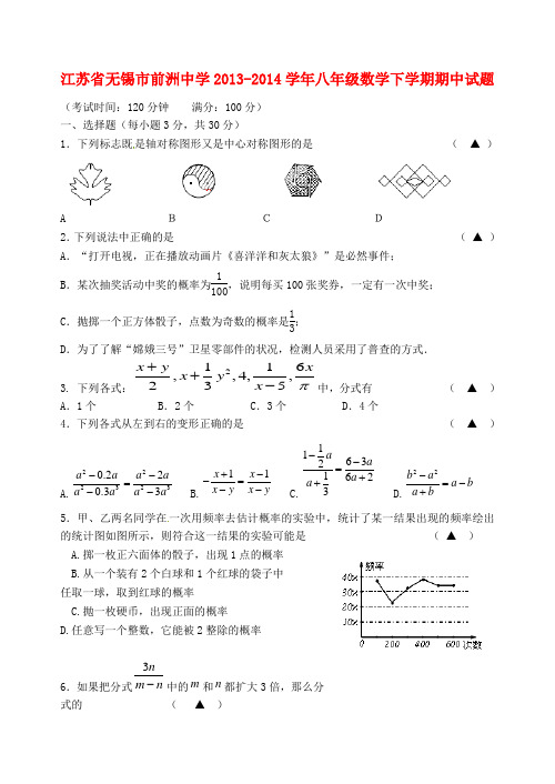 江苏省无锡市前洲中学八年级数学下学期期中试题