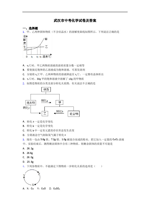 武汉市中考化学试卷及答案