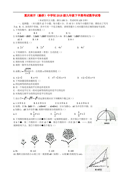 重庆市南开(融侨)中学初级九年级数学下学期半期考试试题(无答案)